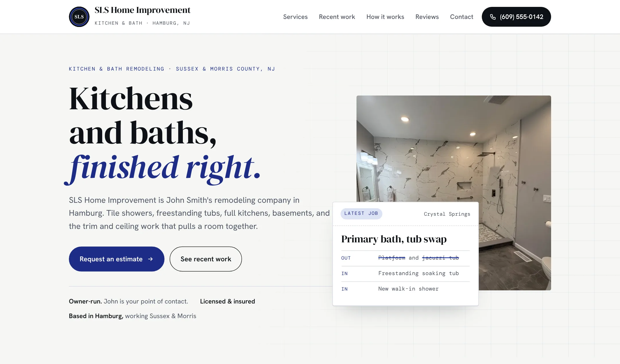 Example client homepage on desktop: a kitchen and bath remodeler with a tiled shower photo