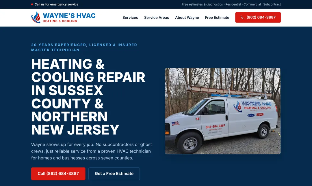 Wayne's HVAC new homepage: navy hero with a service van photo and call button